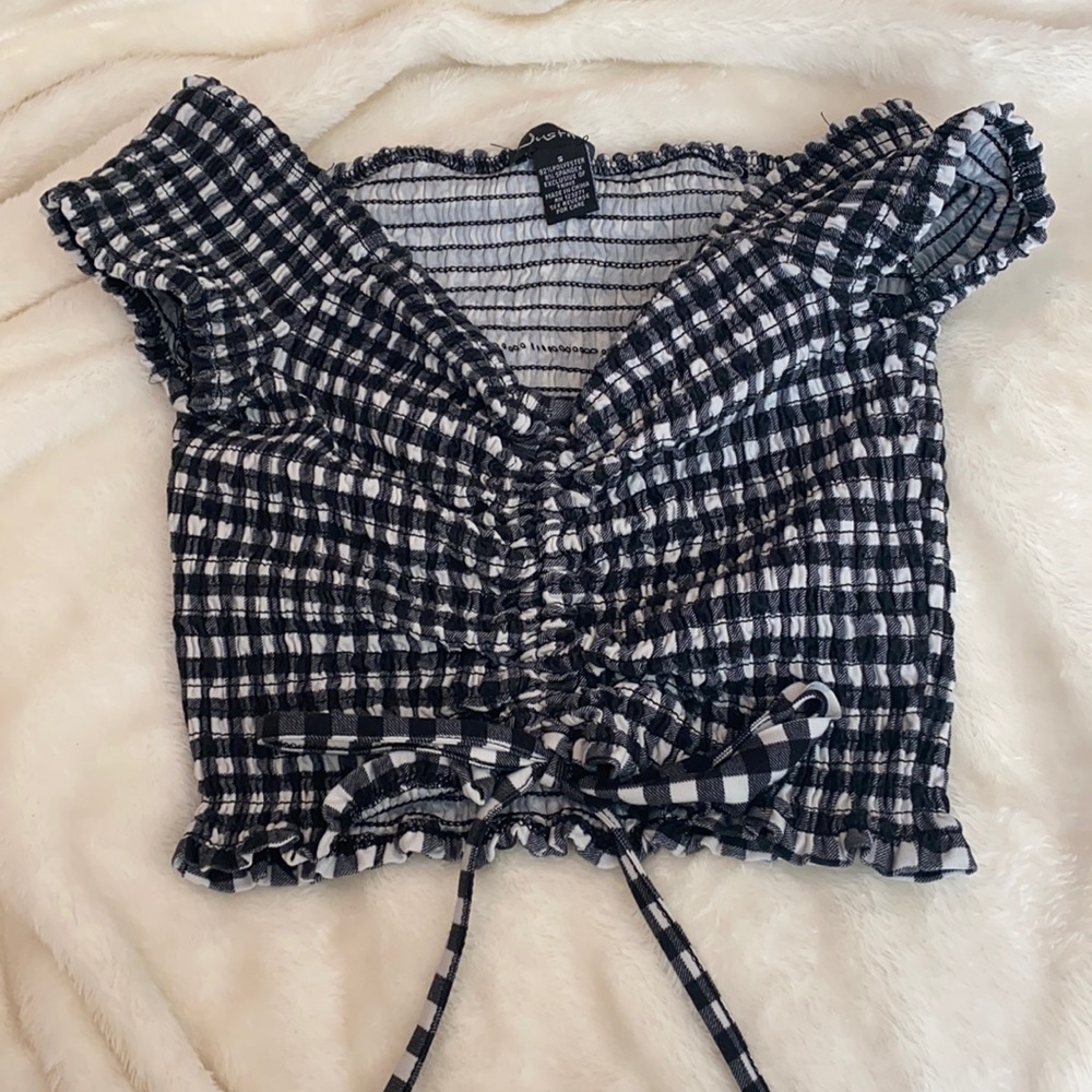 off the shoulder black and white checkered top